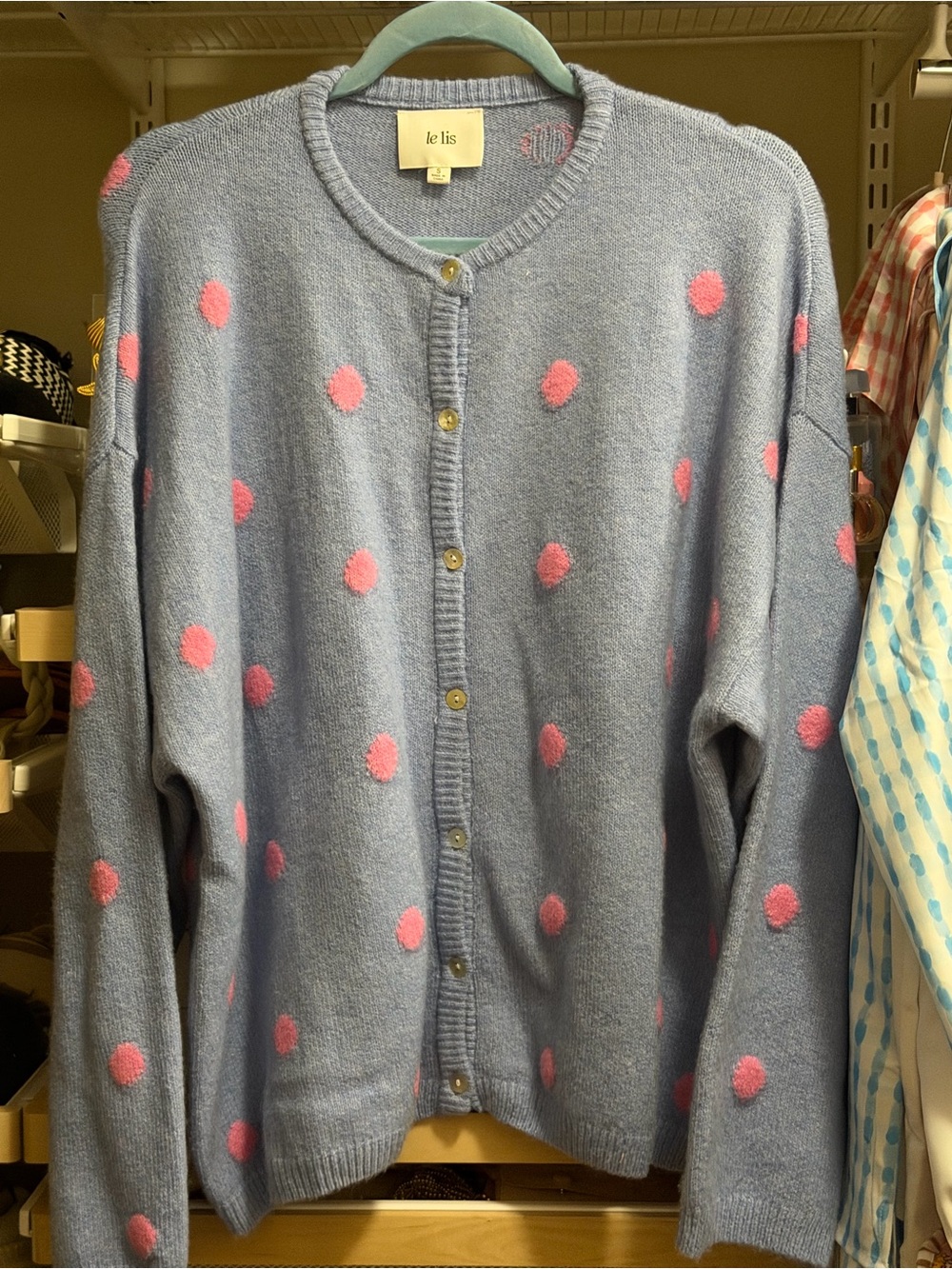 Le Lis Blue Cardigan with Pink Polka Dots